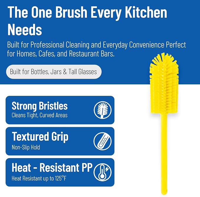 SPARTA Large Water Bottle Brush Ideal for Wide-Mouth Jars, Bottles and Tumblers, Dishwashing Tool with Handle for Home and Commercial Kitchens, Plastic, 16 Inches, Yellow (Pack of 4)