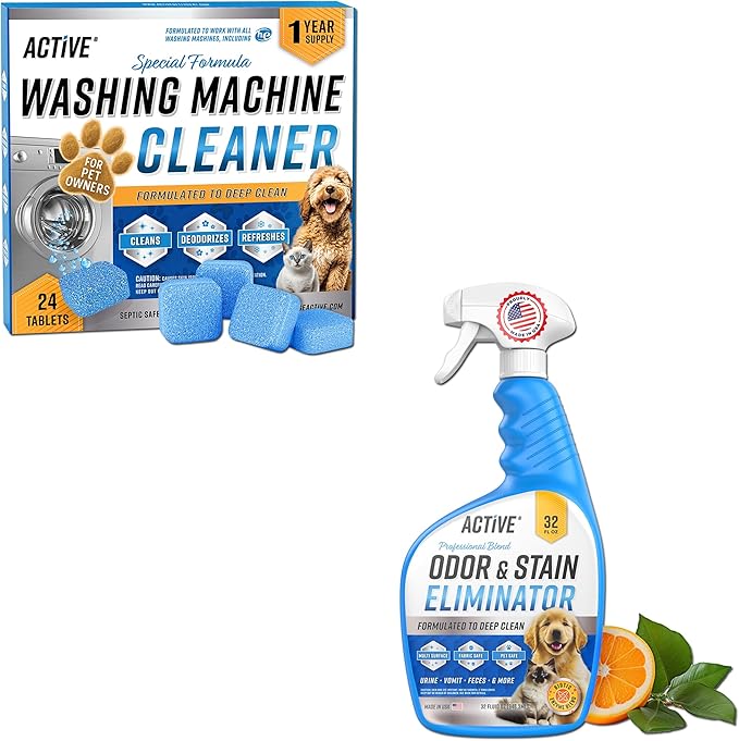 ACTIVE Washing Machine Cleaner for Pet Owners and Pet Odor & Stain Eliminator - Includes 24ct Pet Washer Cleaner and 32oz Enzyme Pet Stain Deodorizer Spray