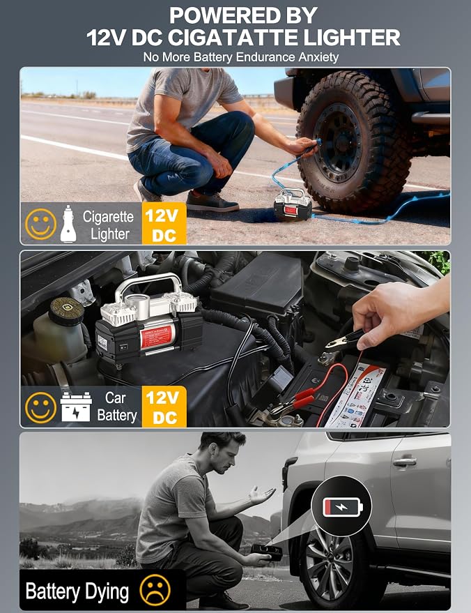 GSPSCN Heavy Duty Tire Inflator 12V Portable Toolbox Air Compressor Pump | with Tire Repair Kit,6X Faster Inflation Dual Cylinder Air Pump LED Light for Cars,SUV,Truck,Pickup,Balls,RV,Van,Camper