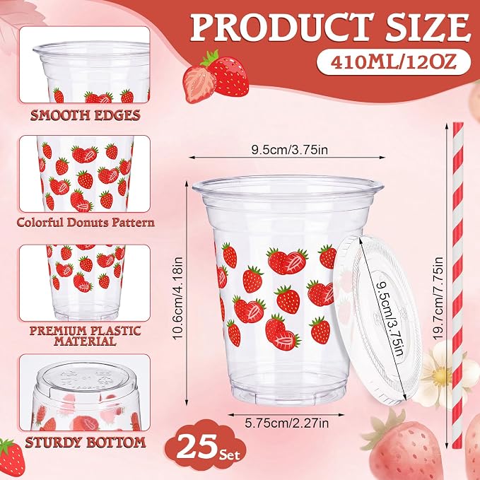 Domensi 25 Sets Strawberry Themed Plastic Cups with Lids and Paper Straws 12oz Red Disposable Drinking Cups Bulk for Cold Drinks Baby Shower Wedding Picnic Summer Theme Birthday Party Supplies