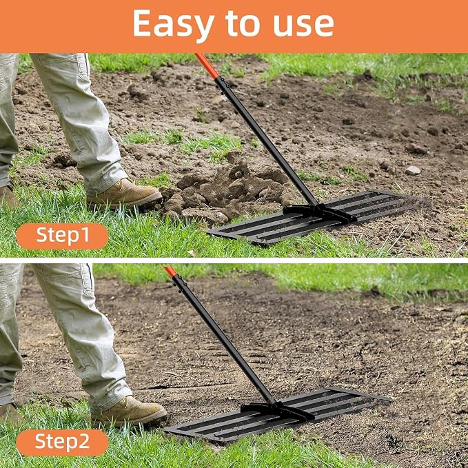 6.5FT Lawn Leveling Tool 30"x10", Heavy Duty Leveling Rake 30 inch for Backyard Leveling Kit, Stainless Steel Yard Rake for Soil, Sand & Gravel with Work Gloves & Hooks, Black