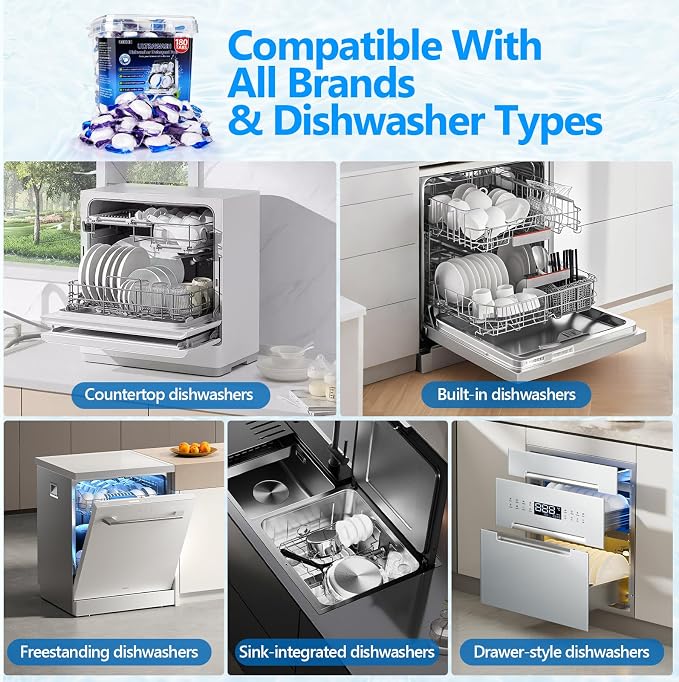 180 Pack UltraWash Dishwasher Detergent Pods,No Pre-Rinse Dishwasher Detergent Soap On Stain and Grease, Cuts Grease & Stuck-On Food,Sparkling Dishes & Glasses,Dishwasher Detergent for Deep Cleaning