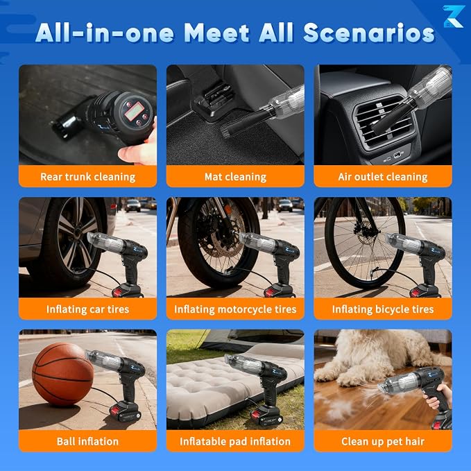 3 in 1 Cordless Car Vacuum and Air Compressor, LED Light,5000PA Powerful Suction&150PSI Auto-Shutoff Tire Inflator, with 3 Filters,45W Fast Charging for Car, Home,Motorcycle, Bicycle, Air Mattres