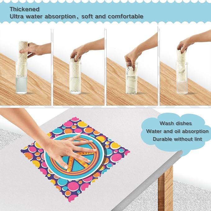 JIPONI 6 Pack Kitchen Dishcloth, Peace Sign Absorbent Kitchen Towels for Dishes, Fast Drying Microfiber Dish Rags, 11x11 inch