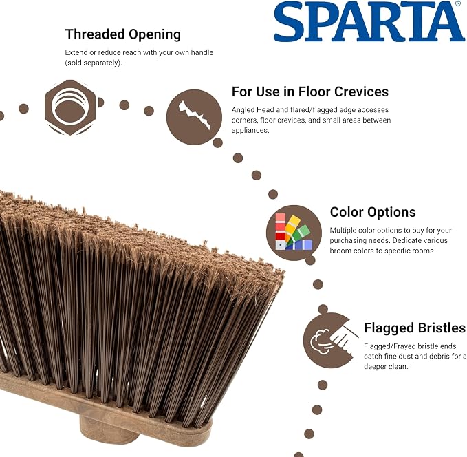SPARTA Plastic Broom Head, Angled, Flagged for Small Debris Indoor, Outdoor, Home, Restaurant, Lobby, Office, 12 Inches, Brown, (Pack of 12)