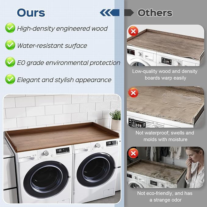Fivesun Washer Dryer Countertop, 27.5" x 54“ Wood Washer and Dryer Countertop with Edge Rails for Laundry Room Organization and Storage, Dark Walnut
