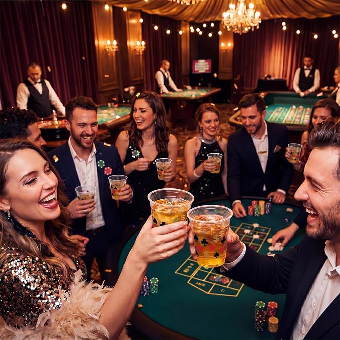 Uiifan 100 Pcs Casino Party Decorations Las Vegas Cups Casino Game Night Party Supplies 12 oz Poker Disposable Plastic Shot Cups for Hot Cold Drinking Office Home Dice Vegas Birthday Favors