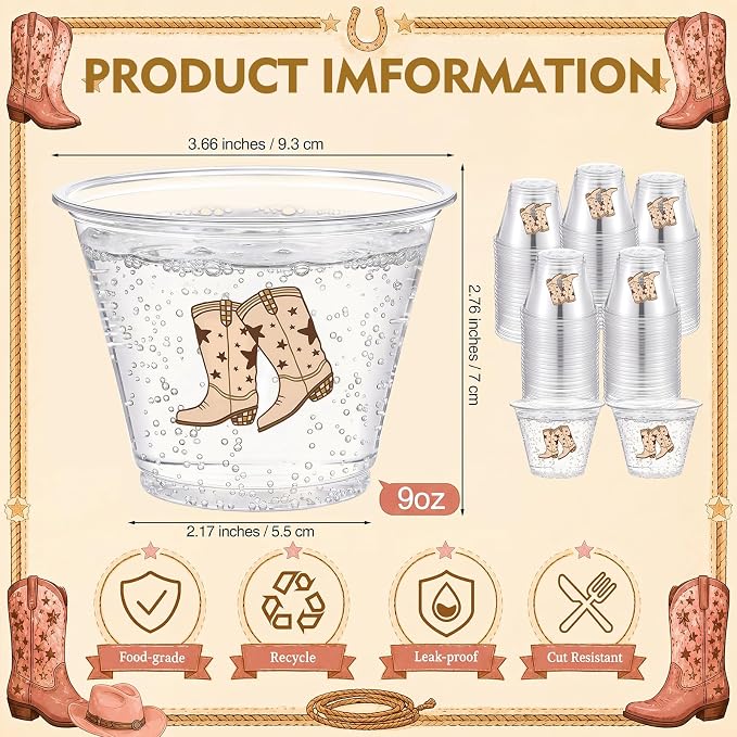 LemonRoad 100 Pack Brown Cowboy Cup 9 oz Western Cowboy Boots Disposable Clear Plastic Cocktail Cups Hot Cold Beverage Drinks for Birthday Baby Shower Western Last Rodeo Party Decorations Party Favors
