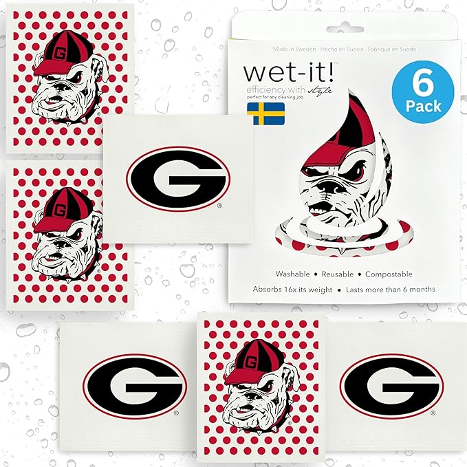 Wet-It! Georgia Bulldogs- 6 Pack Swedish Dishcloths- Reusable Kitchen Towels for Dishwashing and Home Cleaning- Eco-Friendly Alternative to Paper Towels- Machine Washable and Dryer Safe