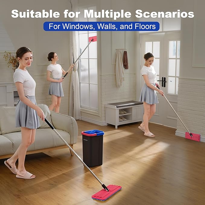 JOYMOOP Flat Mop and Bucket System, Microfiber Mop for Floor & Wall Cleaning, Household & Commercial Use, Wet Dry Cleaning for Hardwood, Tile & Glass, 60" Mop with 3 Pads