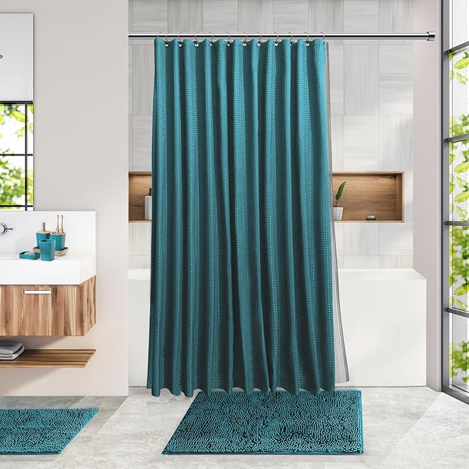 Clara Clark Bathroom Accessories Set - 27PC Bathroom Set with Adhesive Corner Shower Caddy Hanging, Bathroom Sets with Shower Curtain and Rugs, Teal Shower Curtain Set with Bathroom Trash Can