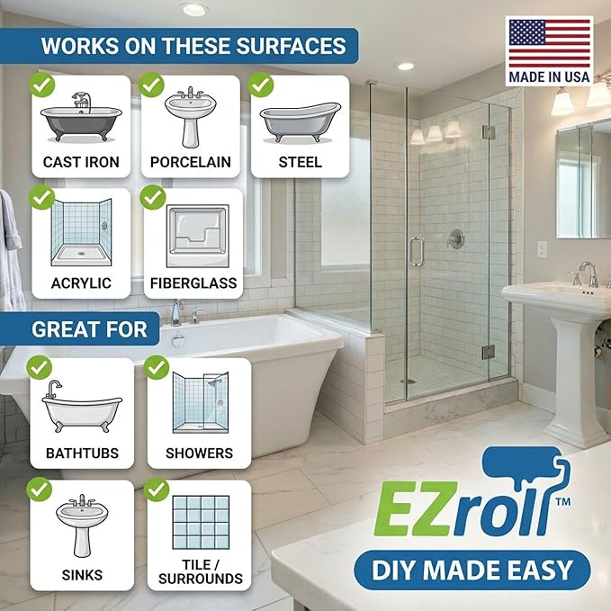 Bathtub Refinishing Kit, Tub and Tile Paint, White Low Odor Bath Paint, Long-Lasting Durable Tub Paint Kit for All Bathtubs, Tiles, Sinks and Showers, Easy Roll-On DIY Tub Coating, Made in USA