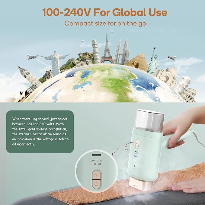 Newbealer Steamer for Clothes, 1200W Dual Voltage, 180ml (Green) | Handheld 360° Anti-Spill Travel Steamer, Foldable & Solid 1.72 lbs, Fast 20s Heat, Auto-Off, for Business Trips/Hotel/Office