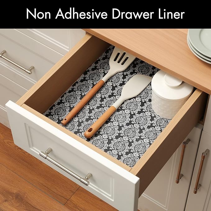 Cooyes Shelf and Drawer Liners for Kitchen Cabinets, Non-Adhesive Cabinet Liners, EVA Waterproof Durable Shelf Paper for Refrigerator, Shelves, Cupboard with European Pattern, Easy to Cut