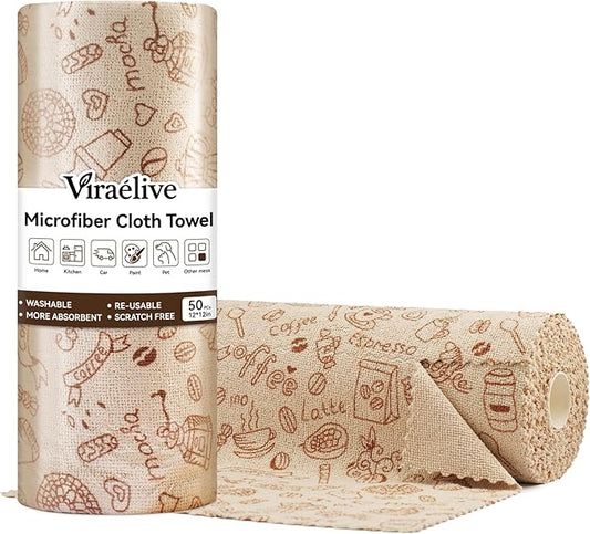 Microfiber Cleaning Cloth Roll, 50-Count Reusable Durable Absorbent Lint-Free Non-Scratch Towels, Dish Rags for Kitchen & Home, Studio, Multi-Purpose, Food Pattern, 12x12 in