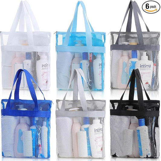 6 Pcs Mesh Shower Caddy Bags Portable Mesh Beach Bags Bulk with Zipper & 2 Pockets Hanging Toiletry and Bath Organizer for Gym Swimming Travel Camping College Dorms Beach (Classic Color)