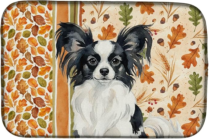 Caroline's Treasures Black and White Papillon Heirloom Fall Dish Drying Mat Absorbent Dish Drying Mat Pad for Kitchen Counter Dish Drainer Mat for Countertop, 14 x 21", Multicolor