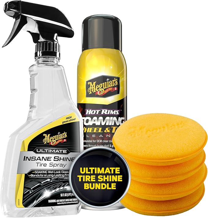 Meguiar's Ultimate Insane Shine Tire Spray Bundle with Hot Rims Foaming Wheel & Tire Cleaner and 4 Applicator Pads