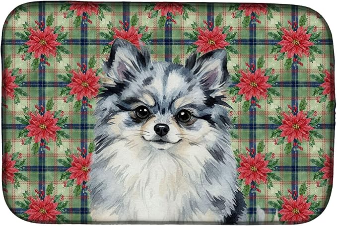 Caroline's Treasures Blue Merle Pomeranian Christmas PoinsettIas Dish Drying Mat Absorbent Dish Drying Mat Pad for Kitchen Counter Dish Drainer Mat for Countertop, 14 x 21", Multicolor