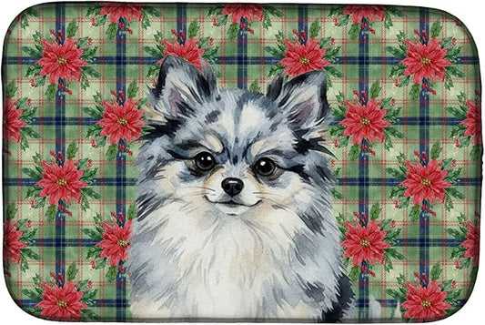 Caroline's Treasures Blue Merle Pomeranian Christmas PoinsettIas Dish Drying Mat Absorbent Dish Drying Mat Pad for Kitchen Counter Dish Drainer Mat for Countertop, 14 x 21", Multicolor