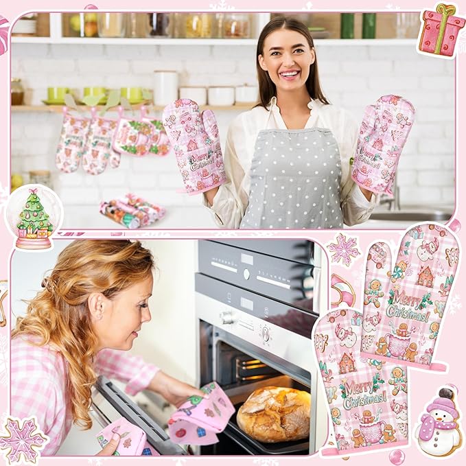 Fanfanwin 10 Pcs Winter Oven Mitts Pot Holders Kitchen Rug and Towel Set Absorbent Towels for Baking Cooking BBQ Gifts Kitchen Decor(Pink,Gingerbread Man)