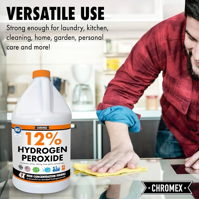 Chromex Hydrogen Peroxide 12 Percent Food Grade, 4x Power Concentrated Solution, 4 Gallons Dilute to 16 Gallons, Versatile Uses include Topical Care, Home, Kitchen, Bath Cleaner, NSF Certified