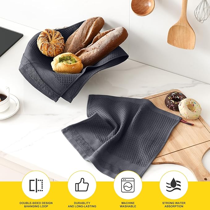 Homaxy Kitchen Towels and Dishcloths Set, 12 x 12 and 13 x 28 Inches, Set of 10 100% Cotton Waffle Weave Kitchen Towels, Super Soft and Absorbent Dish Cloths, Dark Grey