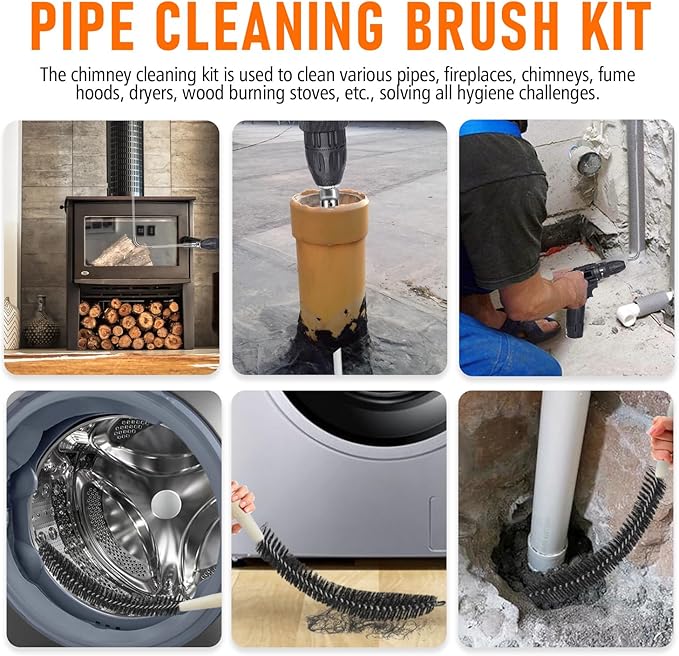 25Feet Chimney Sweep Kit,8 in Brush Head,Dryer Vent Cleaner Kit, Chimney Sweep&Chimney Cleaning Kit, Rotary Chimney Cleaning System for Flue/Fireplace/Sewage Pipe/Hood with 19 Nylon Flexible Rods