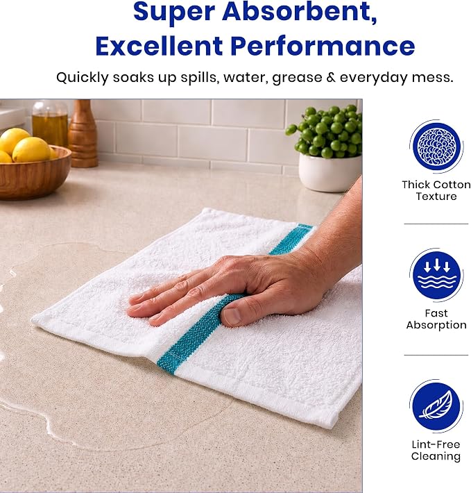 Bar Mops Pack of 24 (14" x 19") - 100% Cotton Cleaning Rags for Housekeeping - Thick, Absorbent & Reusable Bar Towels for Cleaning House & Restaurant - Kitchen Towels Bulk (Green Stripe)