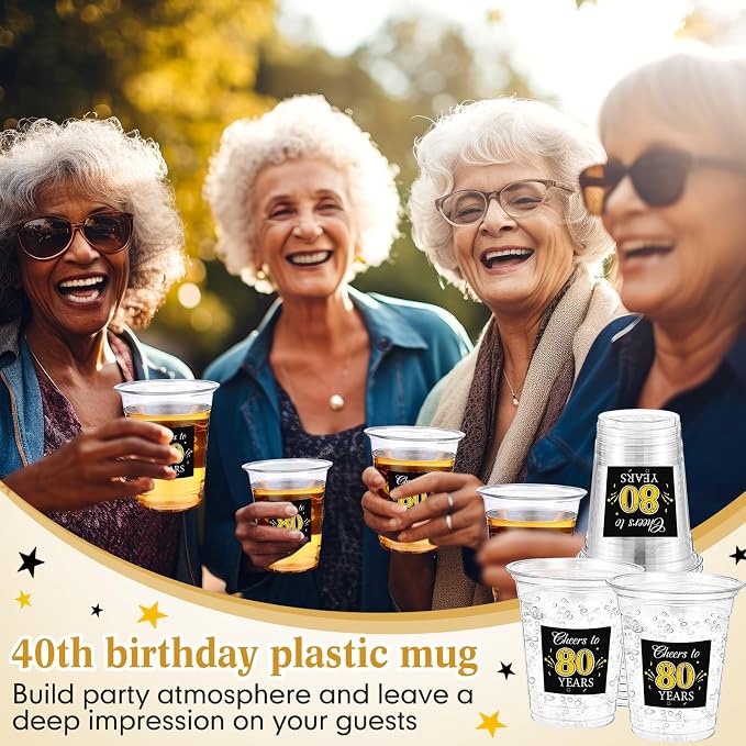 Funnymoom 100 Pack 80th Birthday Cup 12 oz Cheers to 80 Years Happy Birthday Disposable Clear Plastic Cups for Him Men Women Wedding Anniversary Decorations Party Favors