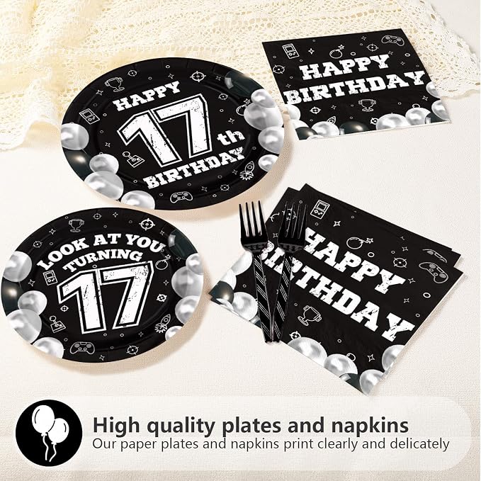 96 Pcs 17th Birthday Decorations for Boys Girls Black White 17th Party Plates Disposable Look At You Turning 17 Paper Tableware Set for 17 Year Old Birthday Party Supplies Serves 24