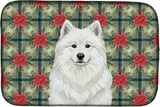 Caroline's Treasures White Samoyed Christmas PoinsettIas Dish Drying Mat Absorbent Dish Drying Mat Pad for Kitchen Counter Dish Drainer Mat for Countertop, 14 x 21", Multicolor