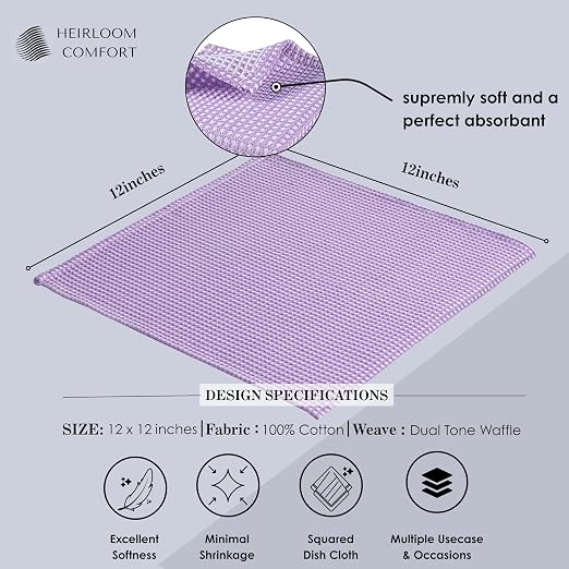 12 Pack Dual Tone Waffle Weave Dish Cloth, 12x12 Inches, 100% Cotton, Reversible, Super Absorbent, Quick Dry, Durable Dishcloth Set, Soft Hand Towels for Cleaning, Lavender