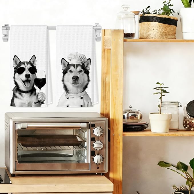 Funny Husky Kitchen Towels Set of 2, Dog Kitchen Bar Accessories, Dog Chef Gifts for Women Decorative Hand Towels for Kitchen Decor, Husky Lovers Dish Tea Towel, 16x24 Inch