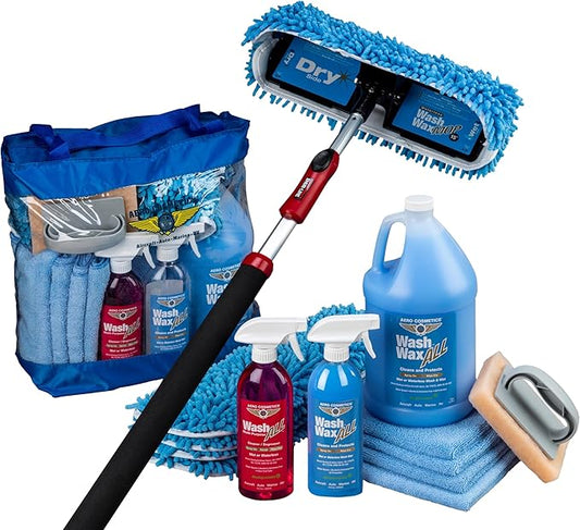 Aero Cosmetics Waterless RV Aircraft Boat Wash Wax Mop Kit with Deluxe Pole 3' 9" to 9' No Ladder Needed, Wash, Wax, Dry, Anywhere, Anytime, No Restrictions