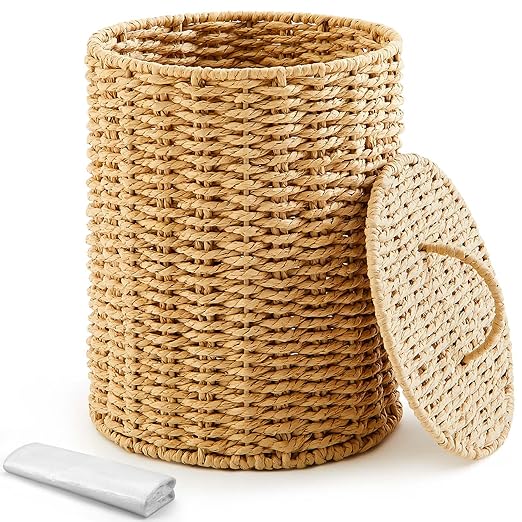 Ctosree 1.3 Gallons Small Trash Can with Lid Handle Boho Woven Braided Bathroom Waste Basket Trash Can with 100 Garbage Bags for Bedroom Office Laundry(Braided Paper Rope, Primary Color)