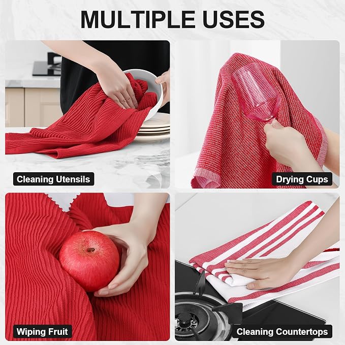 Homaxy Premium Kitchen Towels(18”x 28”, 3 Pack), Large Cotton 380 GSM Kitchen Hand Towels, Soft and Absorbent Terry Dish Towels, Multipurpose Tea Towel Set with Hanging Loop, Red