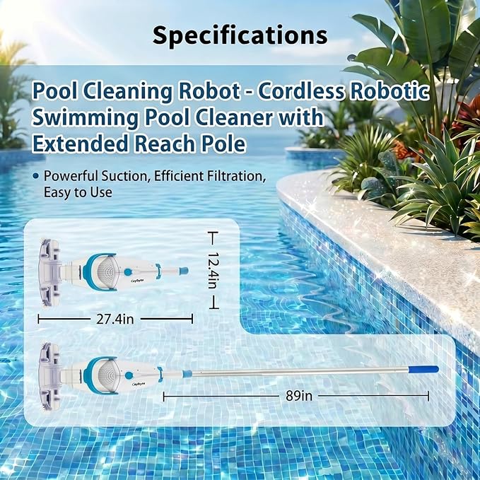 Handheld Pool Vacuum Cleaner, Rechargeable Pool Bottom Cleaner with Strong Suction, 1 H Runtime, 89 inchs Extension Pole,for Above Ground/Inground Pools, Spas and Hot Tubs, White
