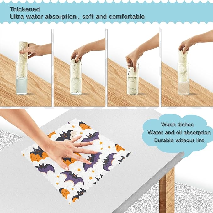White Halloween Bats and Stars Kitchen Towels Dish Cloths Set of 6 Microfiber Cleaning Cloths for Cars Super Absorbent Machine