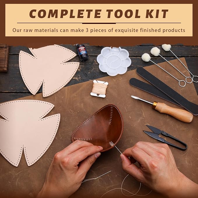 CBHGFEA Leather Tooling Kit Leather Tray Kit (S, M, L) with Vegetable Tanned Edge Beveler Wax Thread and Step-by-Step Video Tutorial for Crafting Desktop Storage Set for Adults