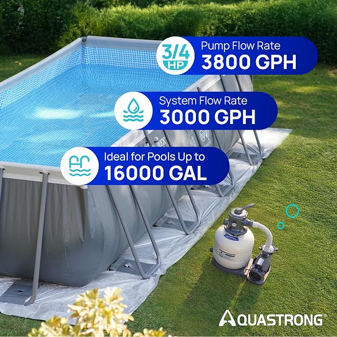 AQUASTRONG 16in Sand Filter Pump for Above Ground Pool, 3/4 HP Pool Pumps Above Ground 3800 GPH for Pools up to 16000 GAL, Sand Pool Filter with 6-Way Valve, Improved Circulation and Filtration