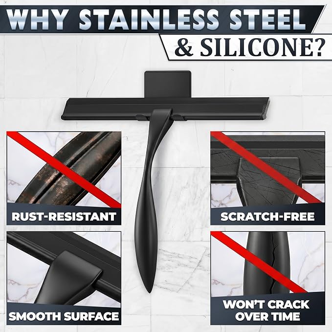 Shower Door Squeegee with Hook - 10" Silicone Blade, Stainless Steel Black Squeegee for Shower Glass with Adhesive Mount - All-Purpose Bathroom Tile, Mirror, & Window Wiper for Streak-Free Cleaning
