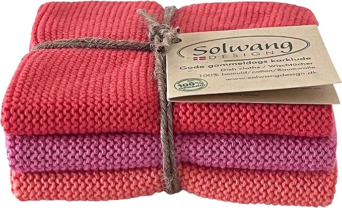 Solwang 3-Piece Danish Cotton Dishcloths in 100% Certified Organic Cotton Made in India (Flamingo Organic Combi)
