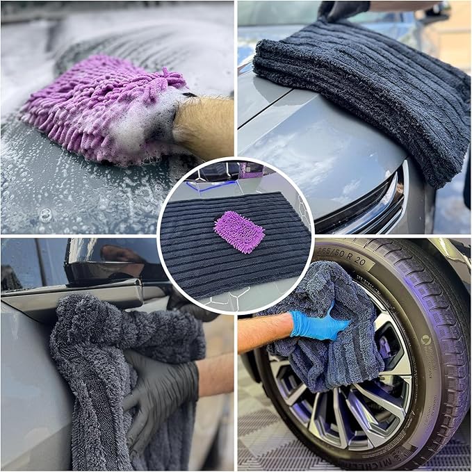 Polish Pro Car Drying Towel & Wash Mitt, Ultra Soft, Super Absorbent 1400 GSM Car Washing Kit, Twisted Loop & Coral Fleece, Holds Up to 10lbs Water, 24"x36", Set of 2