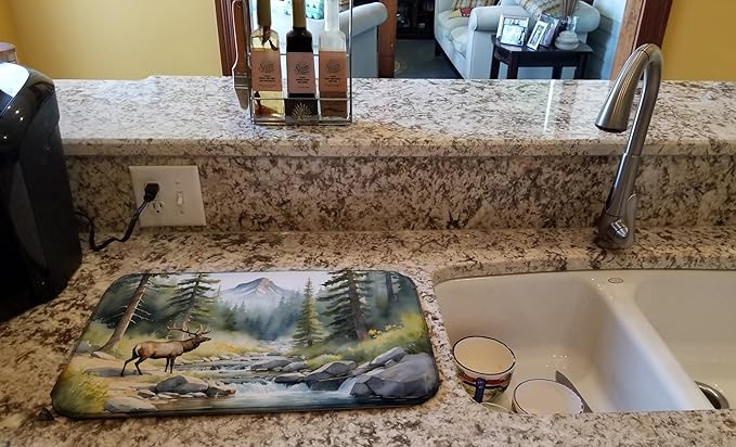 Caroline's Treasures Mountain Stream Elk Dish Drying Mat Absorbent Dish Drying Mat Pad for Kitchen Counter Dish Drainer Mat for Countertop, 14 x 21", Multicolor