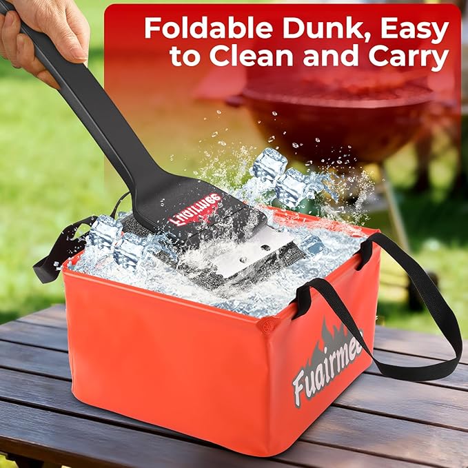 2PCS Bristle Free Grill Brush for Outdoor Grill, with Water Dunk Basin（Orange, Steel Fiber Grill Brush for Cast Iron/Porcelain/Charcoal/Stainless Steel Grates