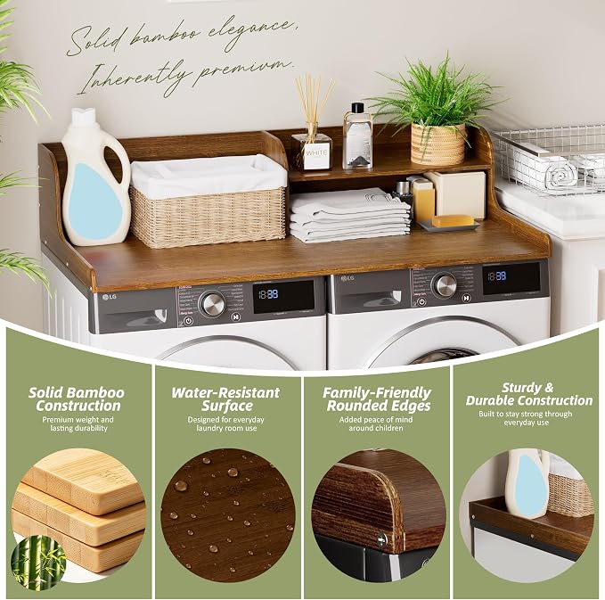Washer Dryer Countertop with Shelf, 54" x 27.5" 2-Tier Bamboo Laundry Topper, Washer and Dryer Countertop for Laundry Room Organization with Edge Rails, Waterproof, Walnut
