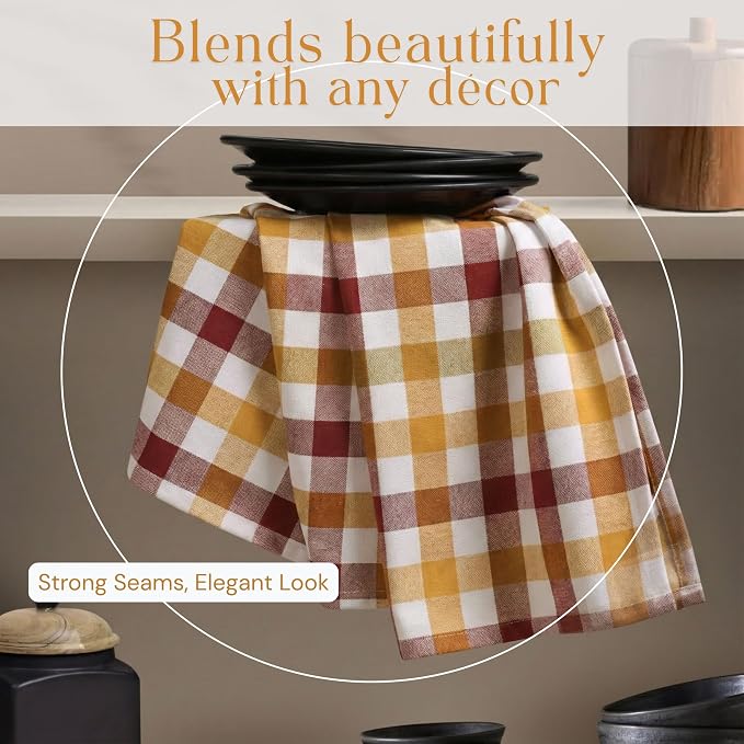 Multicolor Check Kitchen Towels 4 Pack, 100% Cotton Tea Towels, 18"x26" Quick Dry Dish Cloths for Drying Dishes, Reusable, Absorbent - Burgundy Wine, Brown, Mustard Yellow, Natural