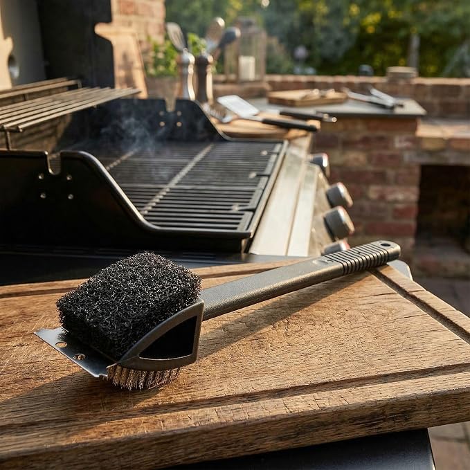 Restaurantware Met Lux 15-Inch Grill Brush 1 Durable Grill Cleaning Tool - Scraper Scouring Pad Matte Black Plastic Grill Accessory For All Types Of Grills