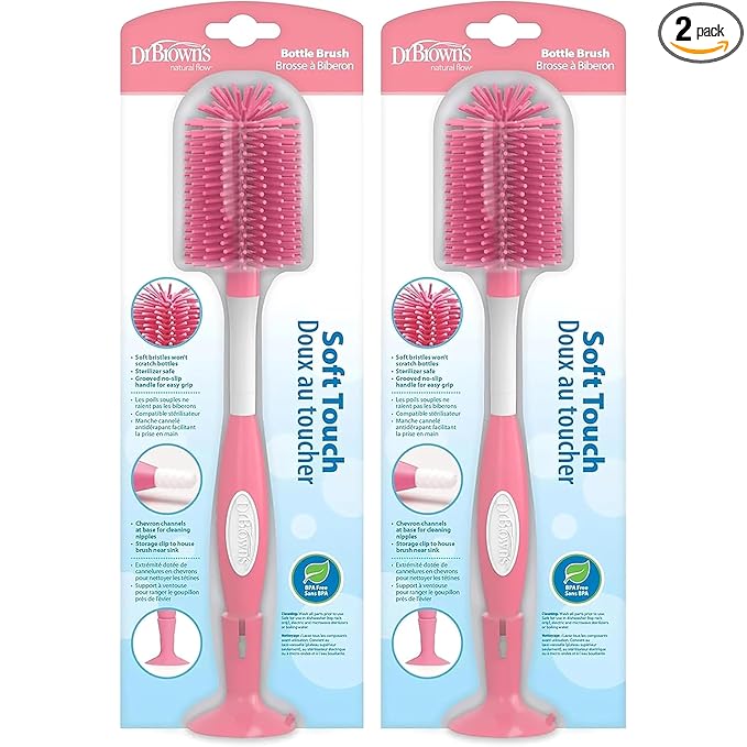 Dr. Brown's Soft Touch No Scratch Baby Bottle Cleaning Brush Nipple Cleaner with Stand and Storage Clip, BPA Free, Pink (Pack of 2)
